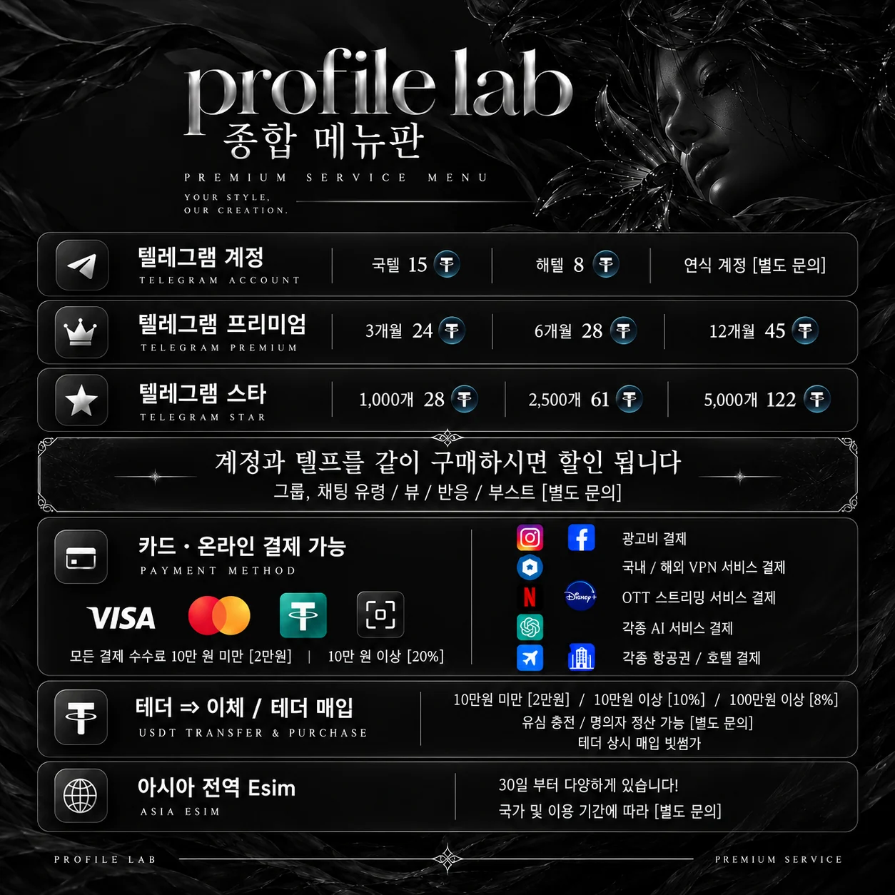 PROFILE LAB 텔레그램 계정·프리미엄·스타 메뉴판